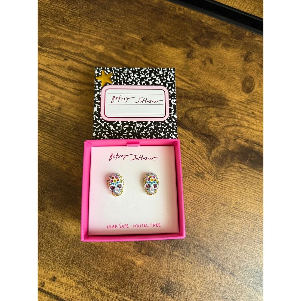Betsey Johnson Rhinestone Sugar Skull Stud Earrings Day of the Dead NIB